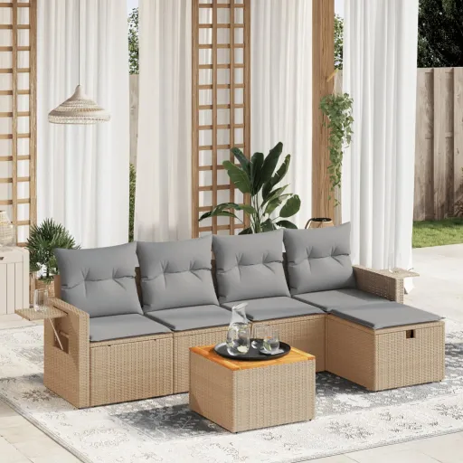 Conj. Sofás Jardim c/ Almofadões Vime PE Bege Misturado (6 pcs)