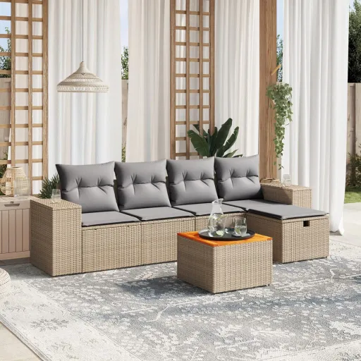 Conj. Sofás Jardim c/ Almofadões Vime PE Bege Misturado (6 pcs)