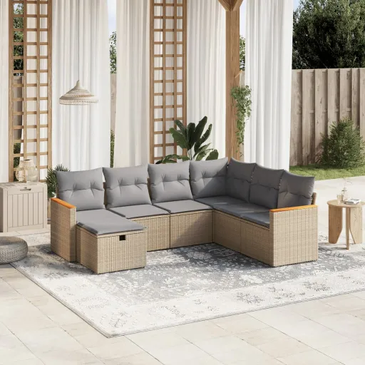 Conj. Sofás Jardim c/ Almofadões Vime PE Bege Misturado (7 pcs)