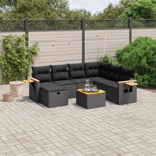 Conjunto Sofás de Jardim com Almofadões Vime PE Preto (8 pcs)