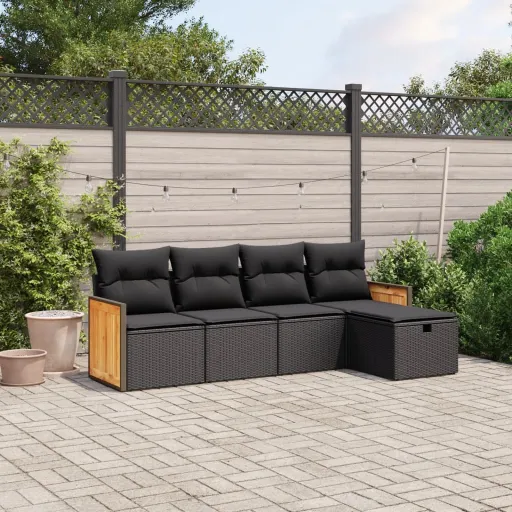 Conjunto Sofás de Jardim com Almofadões Vime PE Preto (5 pcs)