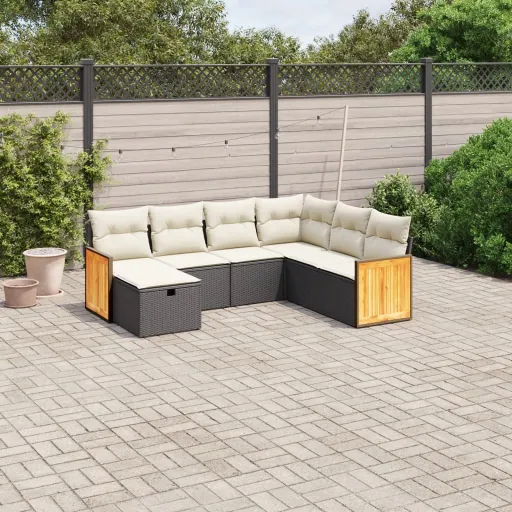 Conjunto de Sofás p/ Jardim c/ Almofadões Vime PE Preto (7 pcs)