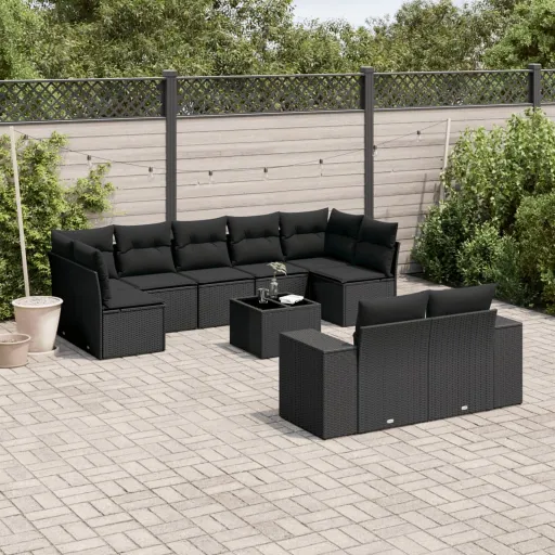 Conjunto Sofás de Jardim c/ Almofadões Vime PE Preto (10 pcs)