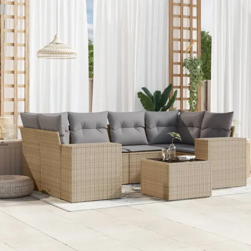Conjunto de Sofás p/ Jardim com Almofadões Vime PE Bege (7 pcs)