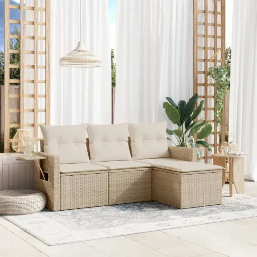 Conjunto de Sofás para Jardim c/ Almofadões Vime PE Bege (4 pcs)