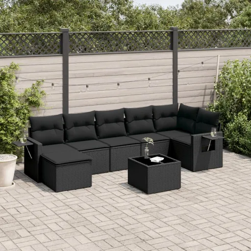 Conjunto Sofás de Jardim com Almofadões Vime PE Preto (8 pcs)