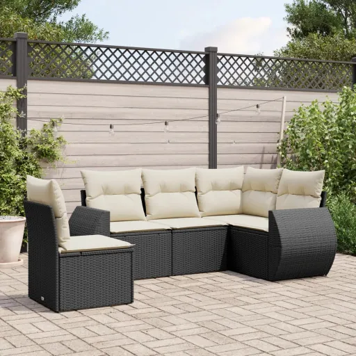 Conjunto Sofás de Jardim com Almofadões Vime PE Preto (5 pcs)