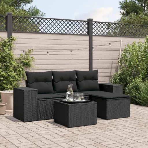 Conjunto Sofás de Jardim com Almofadões Vime PE Preto (5 pcs)