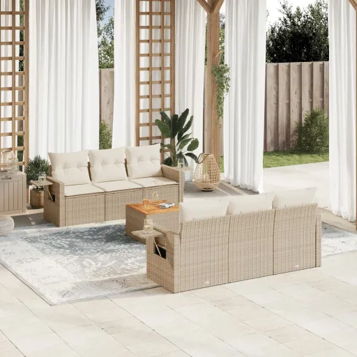 Conjunto de Sofás p/ Jardim com Almofadões Vime PE Bege (7 pcs)