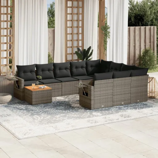 Conjunto Sofás de Jardim c/ Almofadões Vime PE Cinzento (11 pcs)
