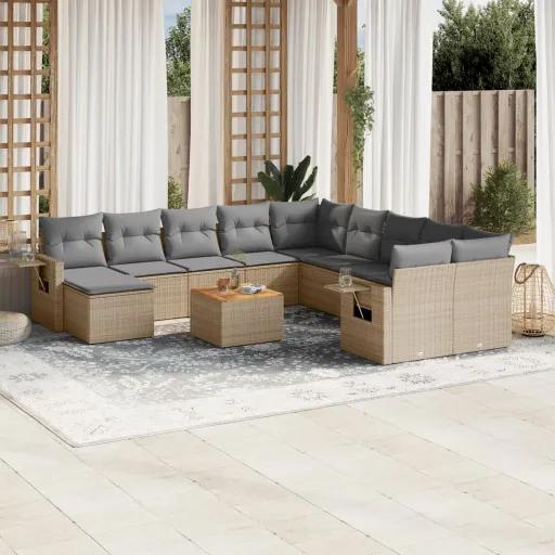 Conjunto de Sofás p/ Jardim com Almofadões Vime PE Bege (12 pcs)