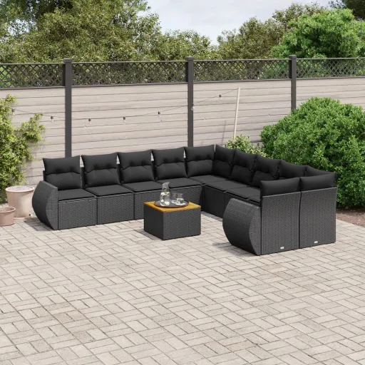 Conjunto Sofás de Jardim c/ Almofadões Vime PE Preto (11 pcs)