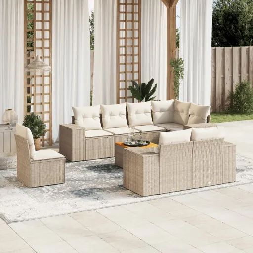 Conjunto de Sofás p/ Jardim com Almofadões Vime PE Bege (9 pcs)