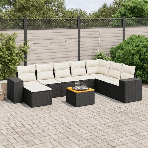 Conjunto de Sofás p/ Jardim c/ Almofadões Vime PE Preto (9 pcs)