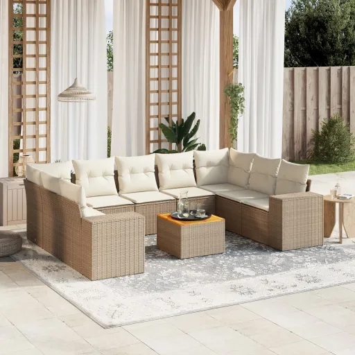 Conjunto de Sofás p/ Jardim com Almofadões Vime PE Bege (10 pcs)