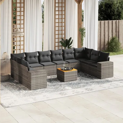 Conjunto Sofás de Jardim c/ Almofadões Vime PE Cinzento (11 pcs)