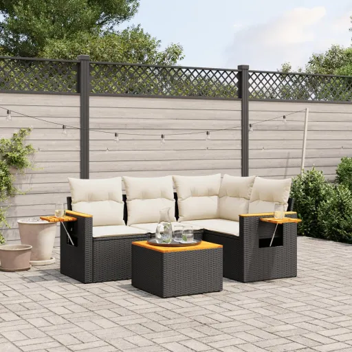 Conjunto Sofás de Jardim com Almofadões Vime PE Preto (5 pcs)