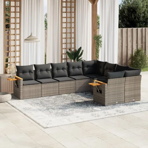 Conjunto Sofás p/ Jardim com Almofadões Vime PE Cinzento (9 pcs)