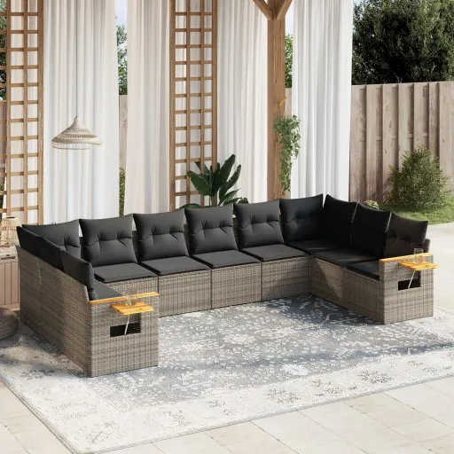 Conjunto Sofás de Jardim c/ Almofadões Vime PE Cinzento (10 pcs)