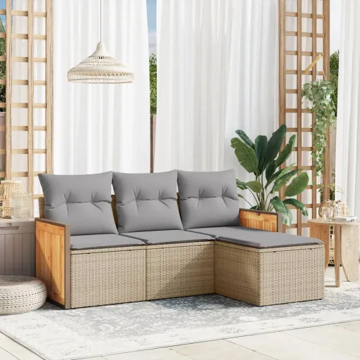 Conjunto de Sofás para Jardim c/ Almofadões Vime PE Bege (4 pcs)