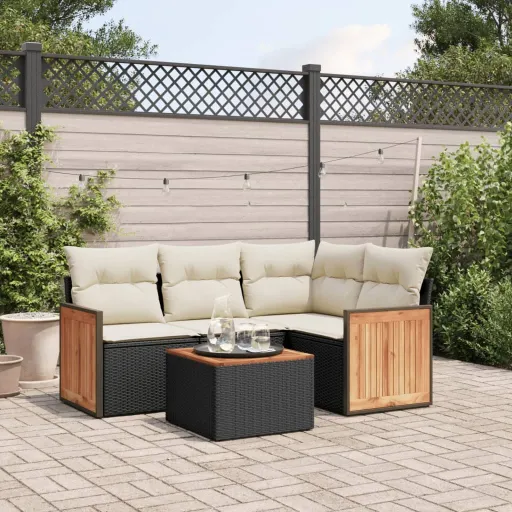 Conjunto Sofás de Jardim com Almofadões Vime PE Preto (5 pcs)