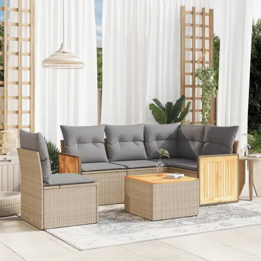 Conjunto de Sofás p/ Jardim com Almofadões Vime PE Bege (6 pcs)