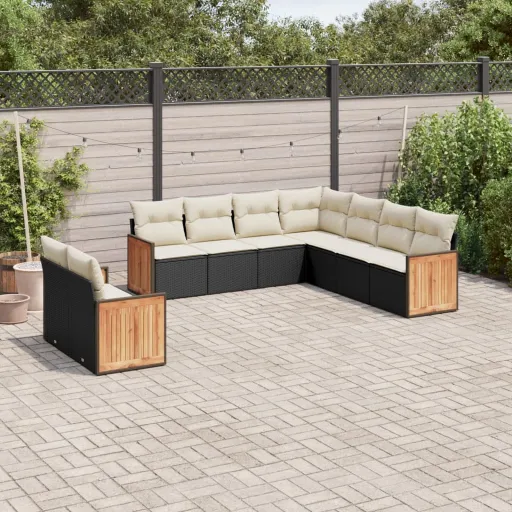 Conjunto de Sofás p/ Jardim c/ Almofadões Vime PE Preto (9 pcs)