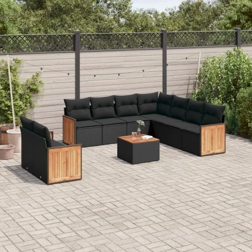 Conjunto Sofás de Jardim c/ Almofadões Vime PE Preto (10 pcs)