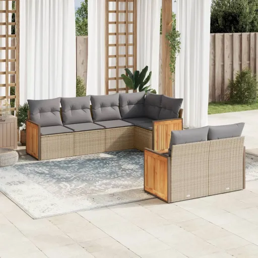 Conjunto de Sofás p/ Jardim com Almofadões Vime PE Bege (7 pcs)