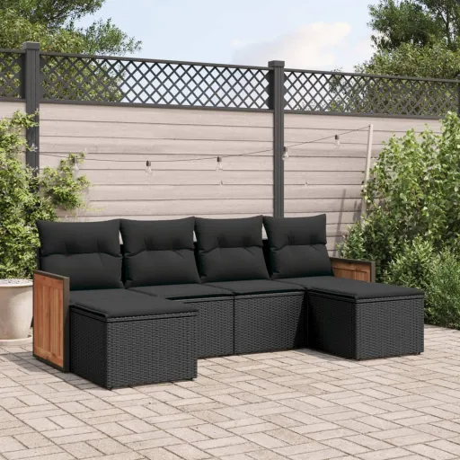 Conjunto Sofás de Jardim c/ Almofadões Vime PE Preto (6 pcs)