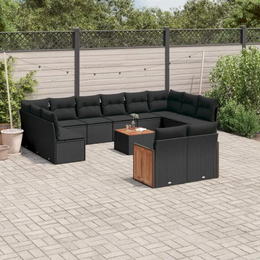 Conjunto de Sofás de Jardim com Almofadões Vime PE Preto (13 pcs)