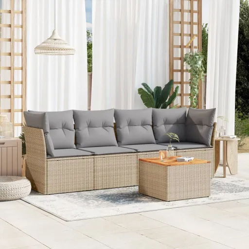 Conj. Sofás Jardim c/ Almofadões Vime PE Bege Misturado (5 pcs)
