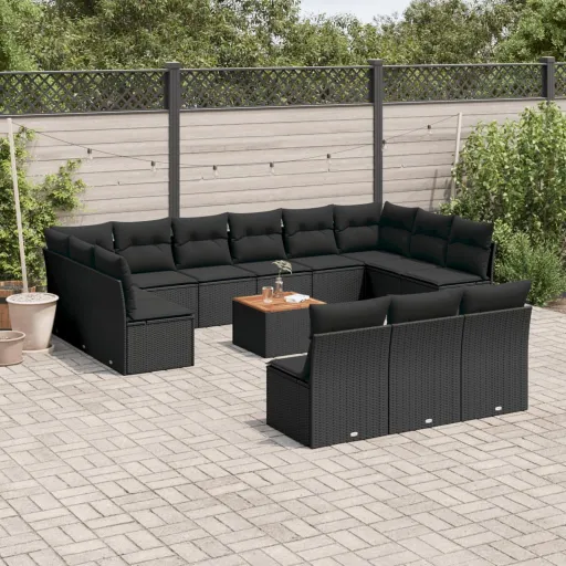 Conjunto de Sofás p/ Jardim c/ Almofadões Vime PE Preto (14 pcs)