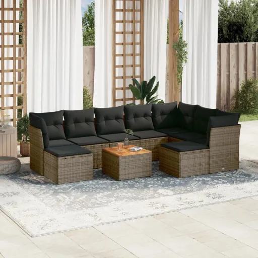 Conjunto Sofás de Jardim c/ Almofadões Vime PE Cinzento (10 pcs)