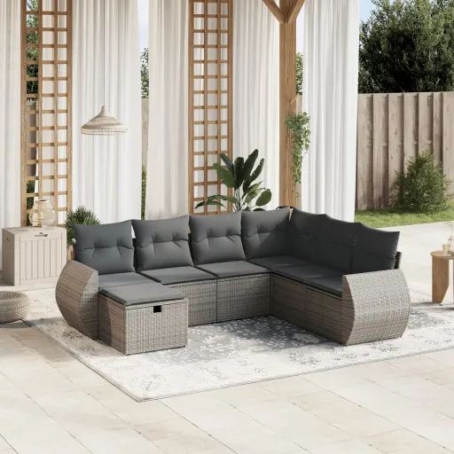 Conjunto Sofás p/ Jardim c/ Almofadões Vime PE Cinzento (7 pcs)