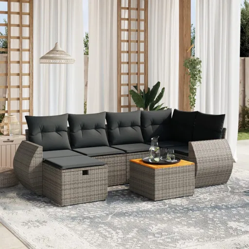 Conjunto Sofás p/ Jardim c/ Almofadões Vime PE Cinzento (7 pcs)