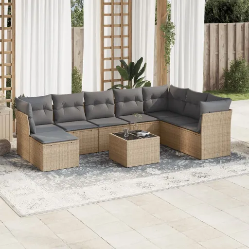 Conjunto de Sofás p/ Jardim com Almofadões Vime PE Bege (9 pcs)