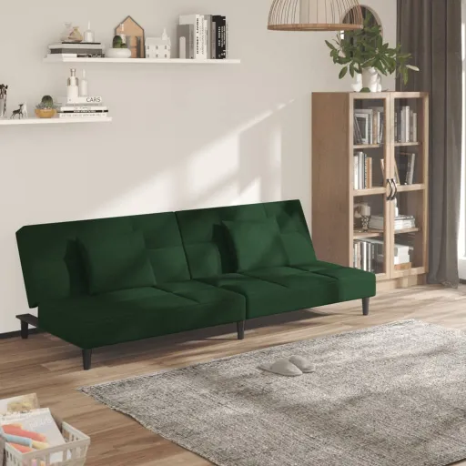 Sofá-Cama 2 Lugares com Duas Almofadas Veludo Verde-Escuro