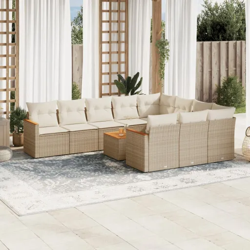 Conjunto Sofás de Jardim c/ Almofadões Vime PE Bege (11 pcs)