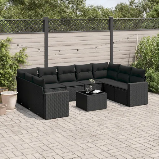 Conjunto Sofás de Jardim c/ Almofadões Vime PE Preto (10 pcs)