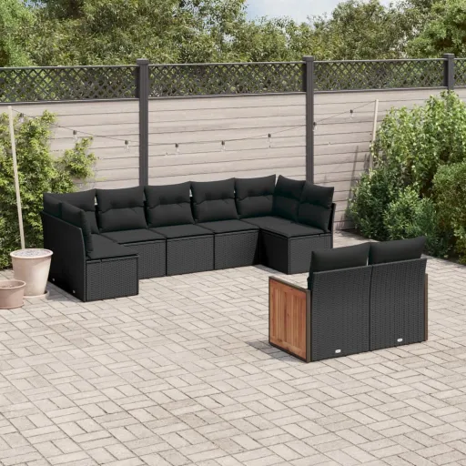 Conjunto de Sofás p/ Jardim c/ Almofadões Vime PE Preto (9 pcs)
