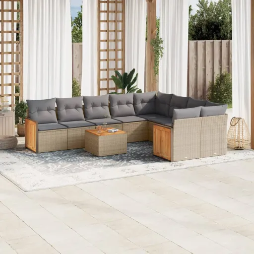 Conjunto de Sofás p/ Jardim com Almofadões Vime PE Bege (10 pcs)