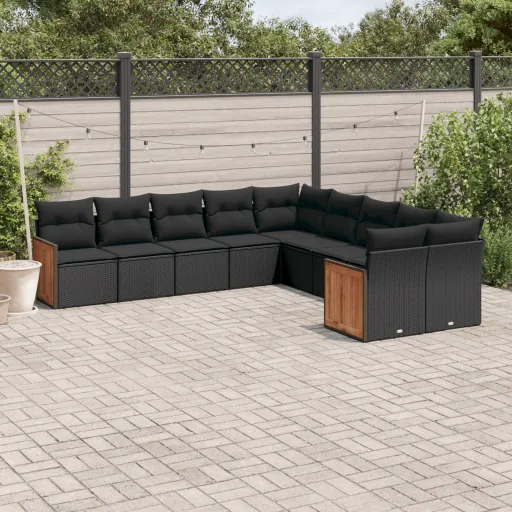 Conjunto Sofás de Jardim c/ Almofadões Vime PE Preto (10 pcs)