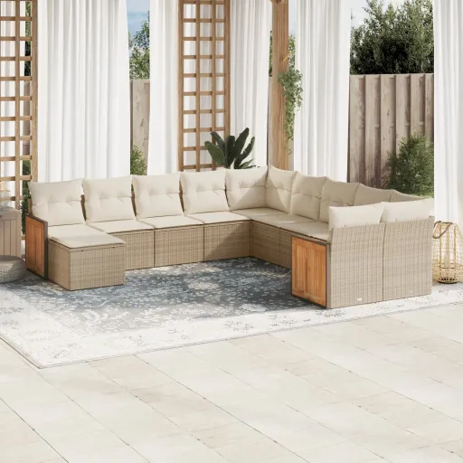 Conjunto Sofás de Jardim c/ Almofadões Vime PE Bege (11 pcs)