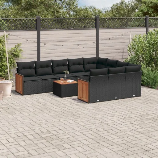 Conjunto Sofás de Jardim c/ Almofadões Vime PE Preto (11 pcs)
