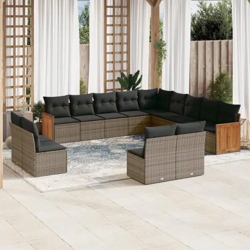 Conjunto Sofás p/ Jardim c/ Almofadões Vime PE Cinzento (13 pcs)