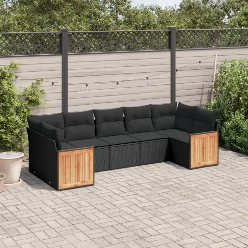 Conjunto de Sofás p/ Jardim c/ Almofadões Vime PE Preto (7 pcs)