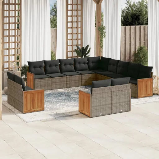 Conjunto Sofás p/ Jardim c/ Almofadões Vime PE Cinzento (13 pcs)