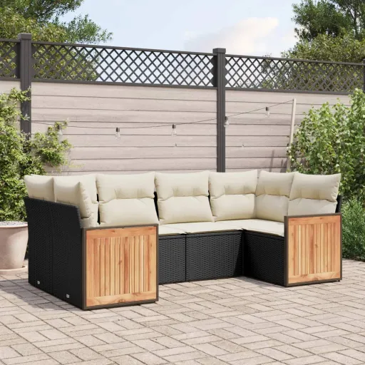 Conjunto Sofás de Jardim c/ Almofadões Vime PE Preto (6 pcs)