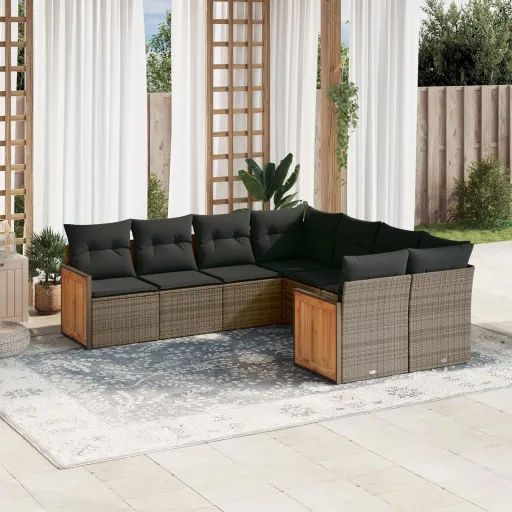 Conjunto Sofás de Jardim c/ Almofadões Vime PE Cinzento (8 pcs)